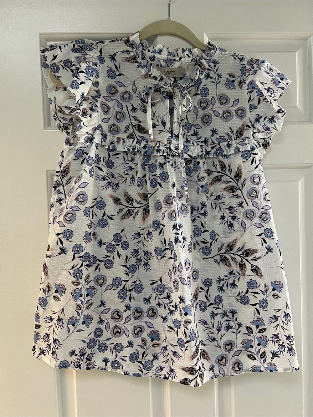 LOFT White Blouse with Blue Floral Print and Ruffle Tie